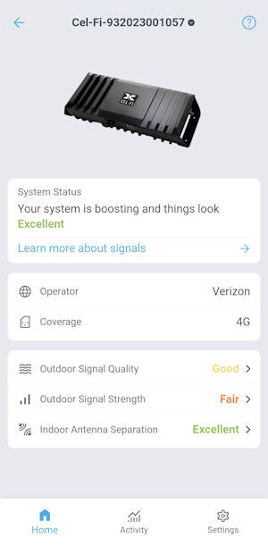 Nextivity CEL-FI WAVE smartphone app v.2 Home menu