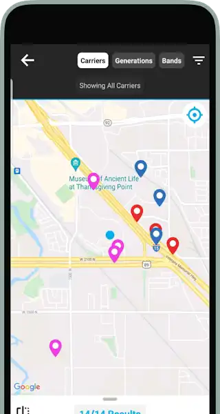 Cell LinQ smartphone app Tower Map screen